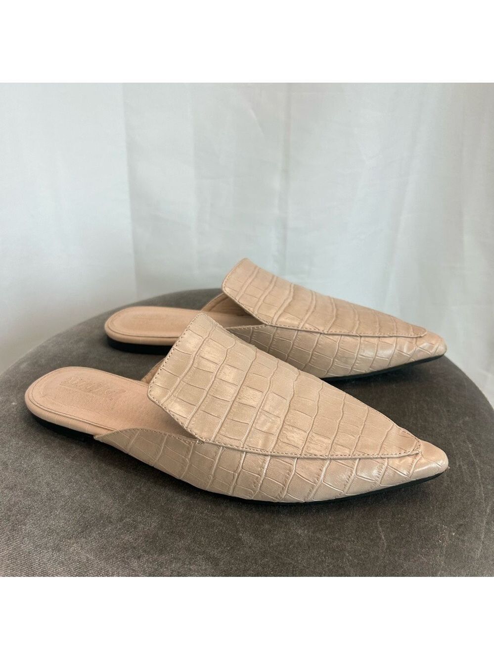 Mitju beige cream croc embossed pointed slides mules slip on shoes Sz 39 🇨🇦